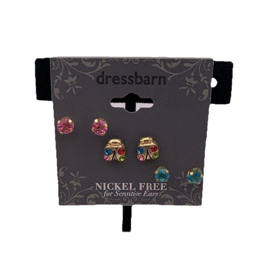 Dress Barn 3 Pk Earrings Lady Bugs Pink Blue Nickel Free Sensitive Ears New